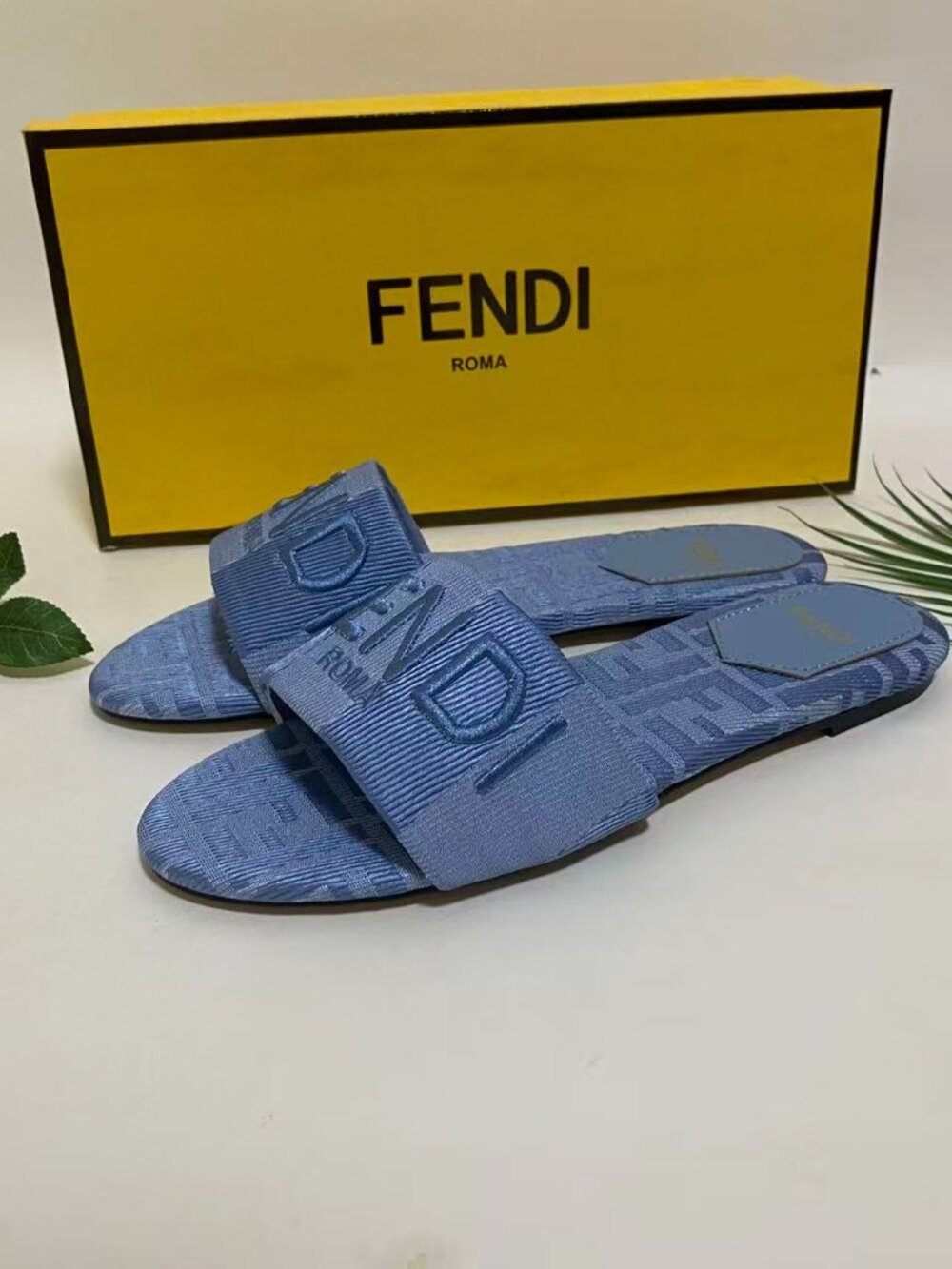 Fendi Blue FF Logo Slide Sandals with Embroidery